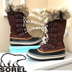 Sorel Joan of Arctic Waterproof Brown Suede Faux Fur Boots Size 7
